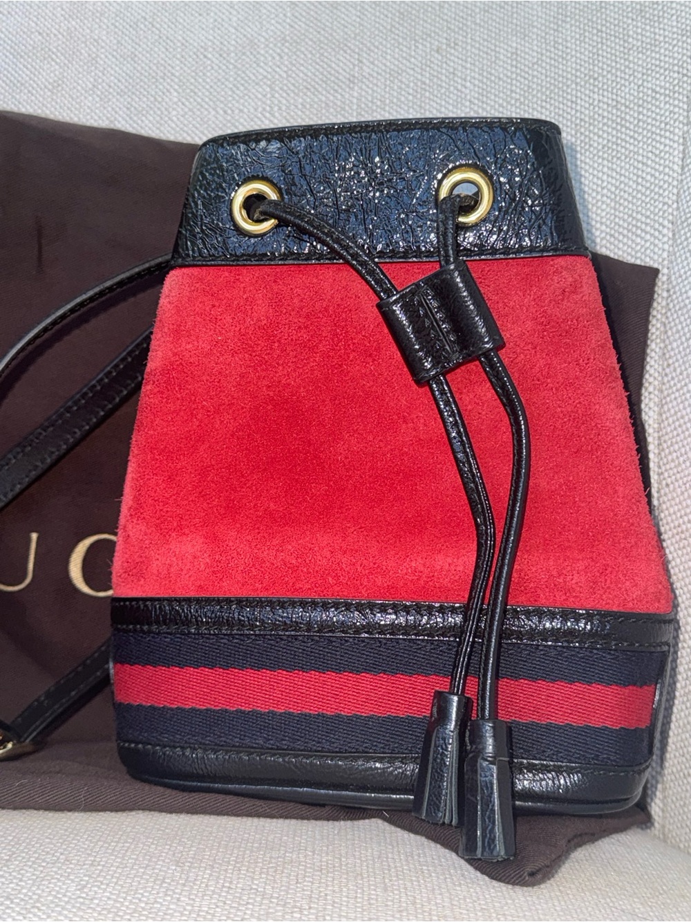 Gucci Ophidia Mini Red Suede and Black Accent Bucket Bag
